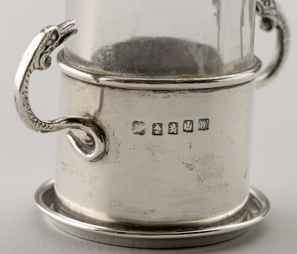 Antique Scottish Silver Traprain Treasure Bottle Stand, with Original Glass Oil Bottle - George Edward & Sons